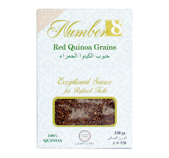 PRODUCT: Red Quinoa Grains
QUANTITY: 320 g
BRAND: Number8
SHELF LIFE: 36 Months
COUNTRY OF ORIGIN: Peru
VEGAN: Yes
VEGETARIAN: Yes
WHAT FREE: Yes
GLUTEN FREE: Yes

INGREDIENTS: Red Quinoa Grains