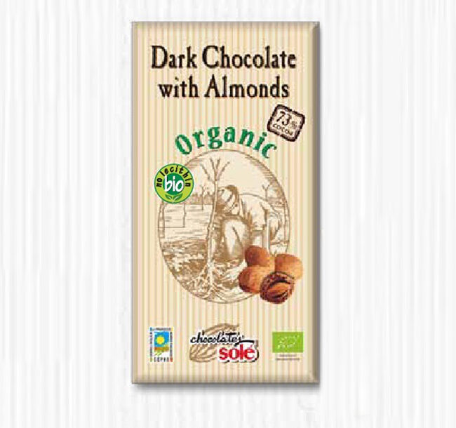 Dark chocolate with almonds, 73% cocoa. If chocolate is your passion, this one with whole almonds will meet all your expectations.

 