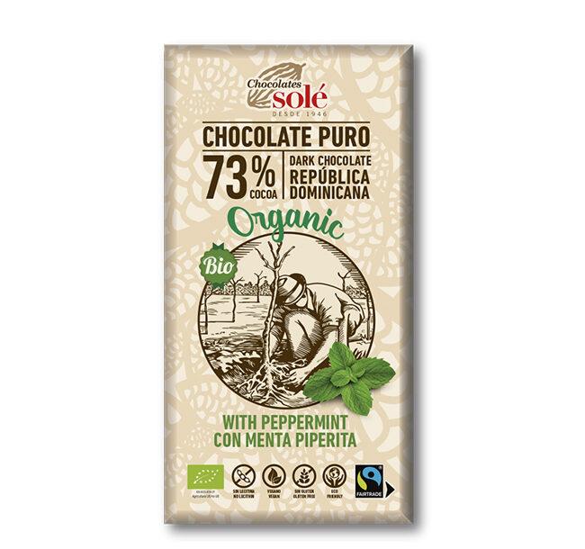Organic Dark Chocolate with Cocoa 73% - with Peppermint. Our Mediterranean diet. A Touch of extra virgin olive oil (organic).

 