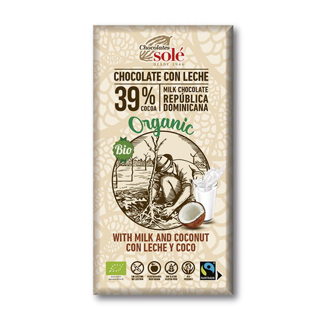 Dark chocolate with Milk & Coconut, 39% cocoa. Our Mediterranean diet. A Touch of extra virgin olive oil (organic).

 