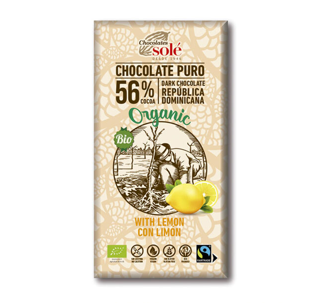 Dark chocolate with Lemon, 56% cocoa. If chocolate is your passion, this one with lemon will meet all your expectations.

 